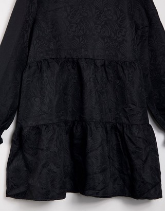 Qed London high neck jacquard tiered smock dress in black