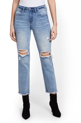 New York & Co. High-Waisted Distressed Dream Boyfriend Ankle Jeans - Light Wash |