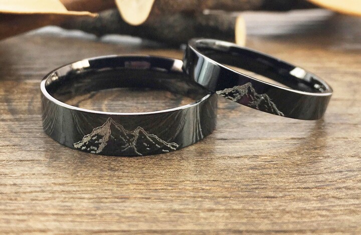 Etsy Handmade Your Drawings Ring Unique Wedding Bands Black Titanium Set Couple Rings Women Men Polished Flat Shape 4mm 6mm