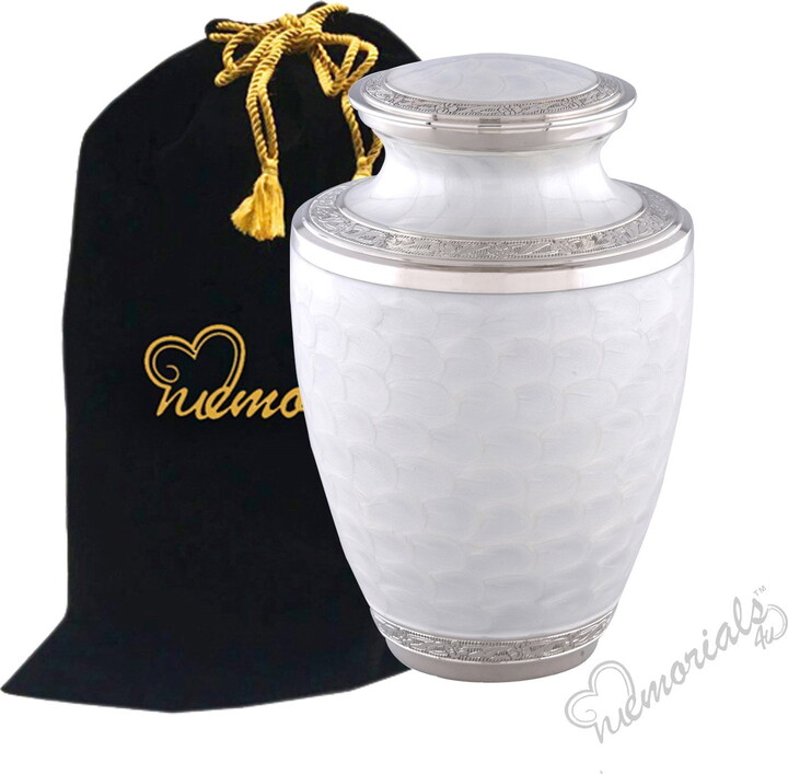 MEMORIALS4U MEMORIALS 4U Elegant Pearl White & Silver Cremation Urn - Large Solid Brass Everlasting Love Cremation Urn - Premium Quality Adult Silver Pearl White Cremation Urn for Human Ashes with Velvet Bag