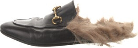 Gucci Leather Mules Black & Neutrals Horsebit Accent Semi-Pointed Toes with Fur Trim Designer