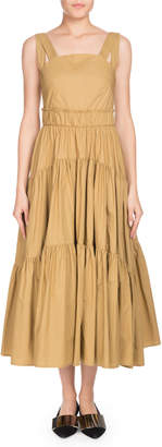 Square-Neck Sleeveless 3-Tier Long Cotton Poplin Long Dress