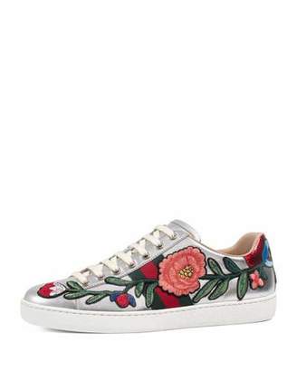 Gucci New Ace Floral Leather Sneaker, Silver
