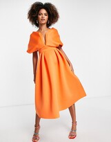 Thumbnail for your product : ASOS DESIGN off shoulder deep V draped sleeve midi skater dress in orange