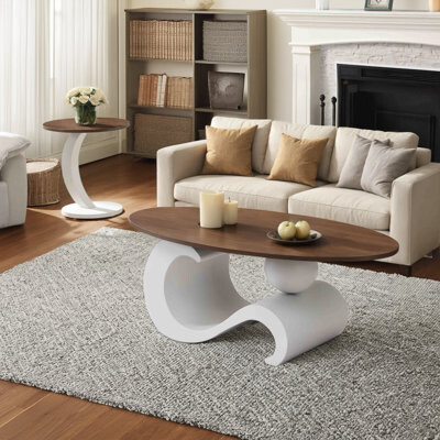 Ivy Bronx Living Room Table Set White Round Nesting Coffee Table 2-piece Set Home Coffee Table Combination