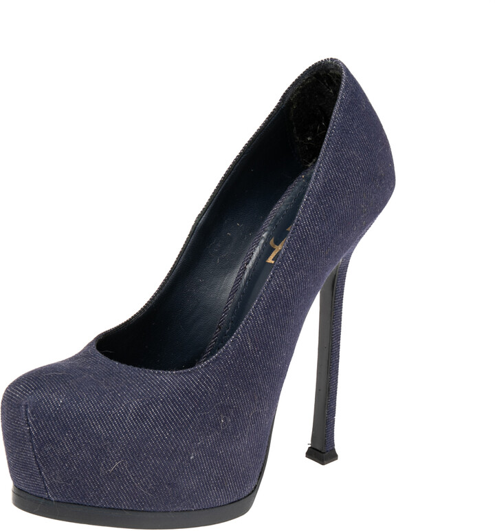 Saint Laurent Blue Denim Fabric Tribtoo Platform Pumps Size 36.5