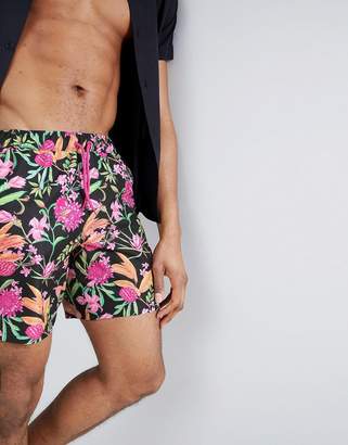ASOS Design DESIGN Swim Shorts In Black With Bright Floral Print In Mid Length