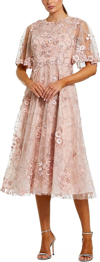 Mac Duggal Flutter Sleeve Floral Embroidered Midi Dress