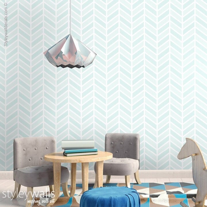 Light Mint Blue Herringbone Wallpaper, Modern Lines Chevron Pattern Fishbone Fabric Peel & Stick, Self Adhesive