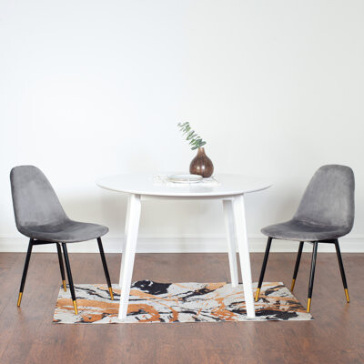 5 Dining Ensemble - White Round Table With 4 Chairs Strong & Rubberwood Construction Soft Velvet Chair Upholstery Golden Leg Ornaments Style And Cover