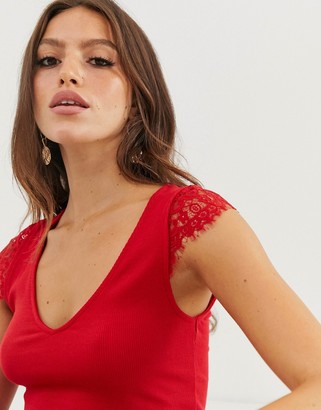 Stradivarius lace shoulder top in red