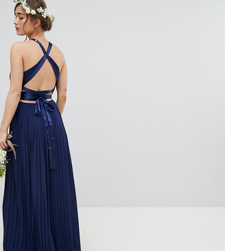 TFNC Petite Pleated Maxi Bridesmaid Dress with Cross Back and Bow Detail