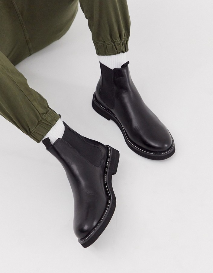 ASOS DESIGN chelsea boots in black leather with chunky sole - ShopStyle