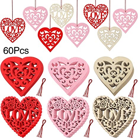 WILLBOND 60 Pieces Heart Wooden Embellishments Wedding Wooden Love Heart Slices Hollowed-Out Crafts Hanging Ornaments with Twine for Wedding Party Valentine's Day Favors