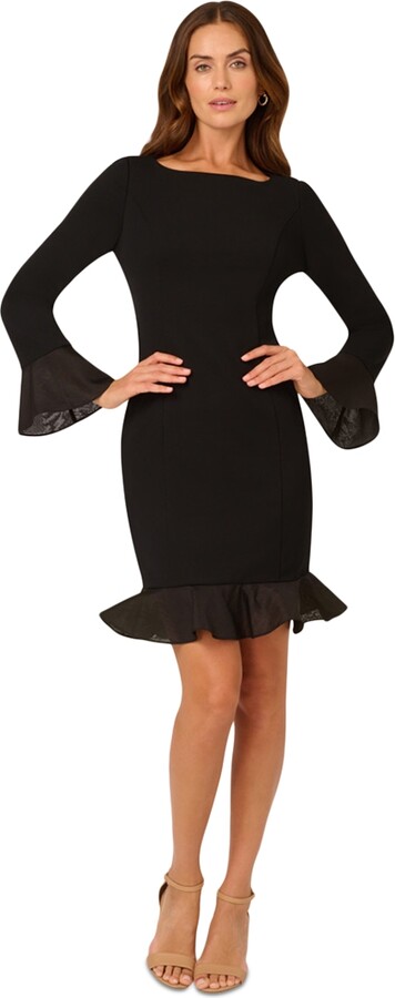 Adrianna Papell Women's Bell-Sleeve Flounce-Hem Sheath Dress