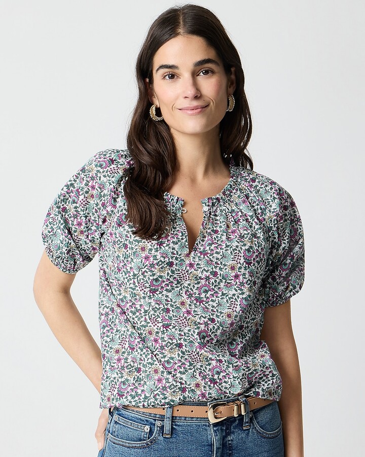 J.Crew Factory Printed puff-sleeve split-neck top