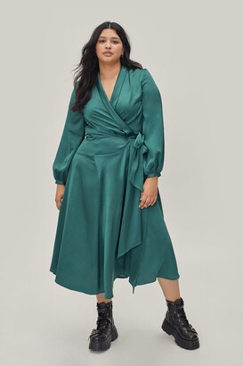 Nasty Gal Womens Plus Size Satin Long Sleeve Midi Dress - Green - 20