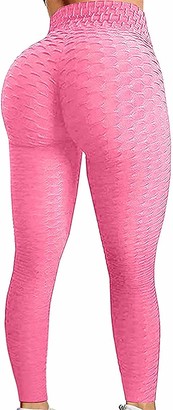Auyuiiy Women's Butt Lift Leggings Anti Cellulite High Waist Yoga Pants Bubble Tummy Control Yoga Tights Pink M