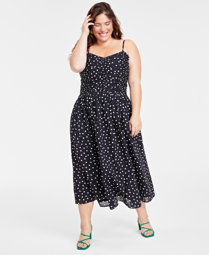 On 34th Trendy Plus Size Polka-Dot Ruched Corset Midi Dress