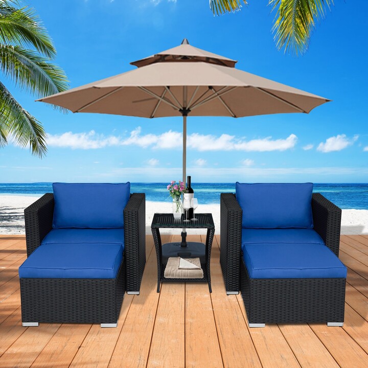 Kinbor 5 Piece Patio Furniture Set, Outdoor Wicker Bistro Set Lounge Chairs with Ottoman & Table