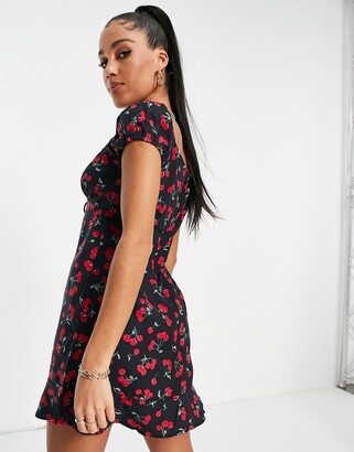 Motel mini tea dress with ruched bust in cherry print