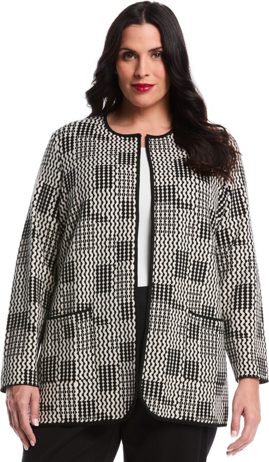 Rafaella Plus Size Plus Size Geo Patch Pocket Open Long Sleeve Cardigan