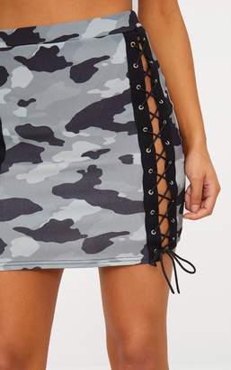 PrettyLittleThing Grey Camo Print Lace Up Front Mini Skirt