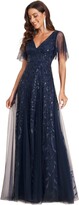 Thumbnail for your product : Ever-Pretty Women's V Neck A Line Empire Waist Embroidery Sequin Tulle Wedding Guest Dresses Navy Blue 14UK