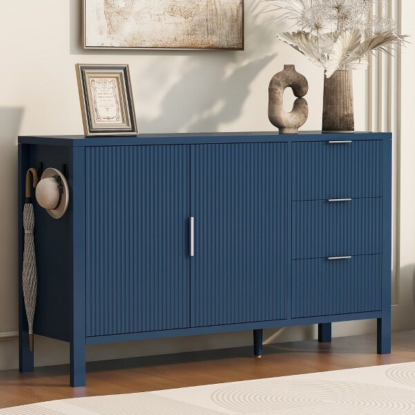 ModernLuxe WoodenBuffetCabinet,Wave-PatternSideboardwith3Drawers&Hooks,StorageCabinetCupboard,NavyBlue