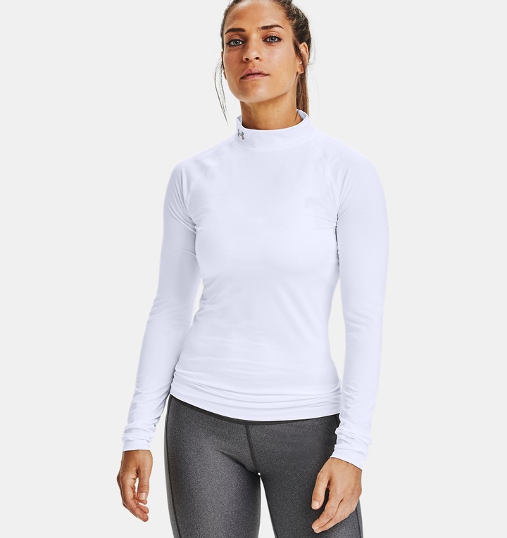 Visita lo Store di Under ArmourUnder Armour Women's HeatGear Compression Long-Sleeve Mock T-Shirt White 100 /Metallic Silver X-Large 