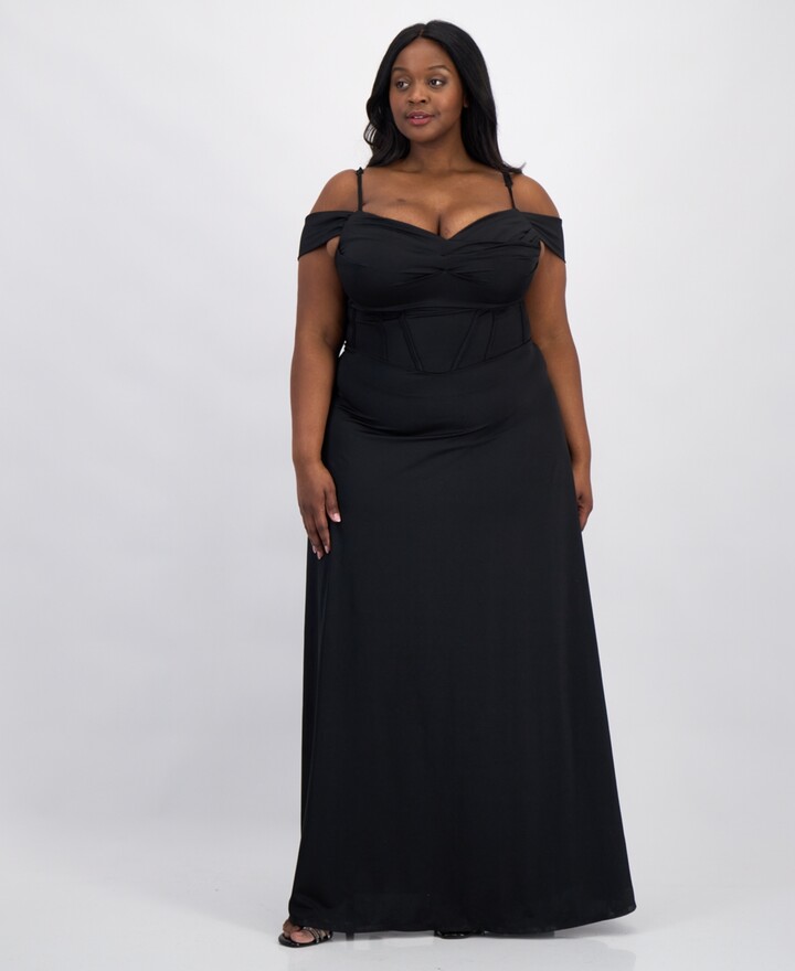 City Studios Trendy Plus Size Satin Off-The-Shoulder Gown
