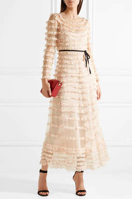 RED Valentino Ruffled Point D'esprit Tulle And Printed Silk-georgette Midi Dress - Cream