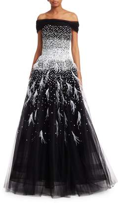 Pamella Roland Embellished Sequin & Feather Off-The-Shoulder Tulle A-Line Gown