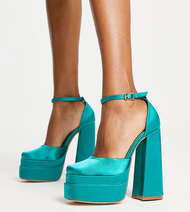 Glamorous Wide Fit platform heel sandals in teal satin exclusive to ...