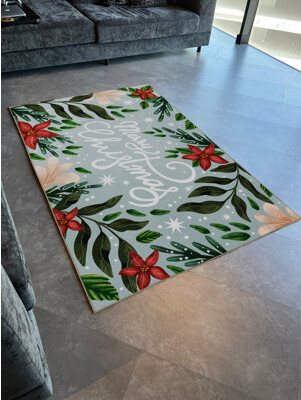 Hokku Designs Light Blue Christmas-Themed "Merry Christmas" Snowflake and Flower Patterned Modern Decorative Rug