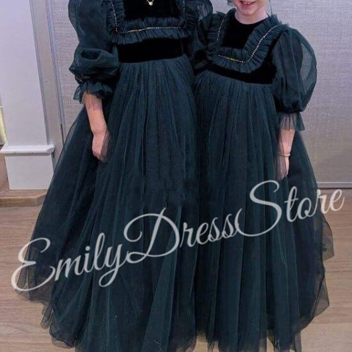 gdybao Customized Navy Blue Flower Girl Dress For Wedding Tulle Puffy Applique 3/4 Sleeves Baby Kids Birthday First Communion Gown
