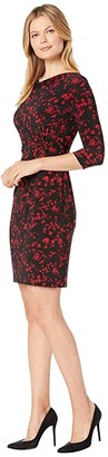 Lauren Ralph Lauren Printed Matte Jersey Trava 3/4 Sleeve Day Dress (Black/Scarlet Red) Women's Clothing