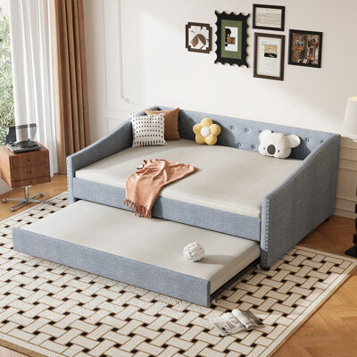 House of Hampton Full Size Daybed with Twin Size Trundle Upholstered Tufted Sofa Bed, with Button on Back and Copper Nail on Waved Shape Arms-Light Grey