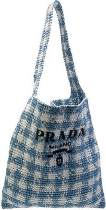 Prada Bucket Bag Blue Raffia Plaid Print Gold-Tone Hardware Unlined Open Top