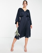 Thumbnail for your product : TFNC Bridesmaid kimono sleeve satin wrap midi dress in navy