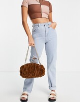 Thumbnail for your product : ASOS DESIGN oversized ruched clutch bag in brown faux fur with detachable shoulder chain