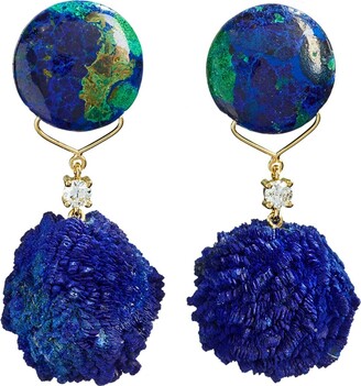 Jan Leslie 18k Bespoke 2-Tier One-of-a-Kind Luxury Earrings w/ Azurite Malachite, Azurite Druzy & Diamonds