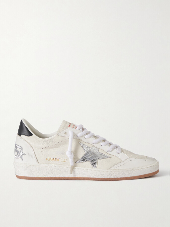 Golden Goose Ball Star Distressed Metallic-trimmed Leather Sneakers - White