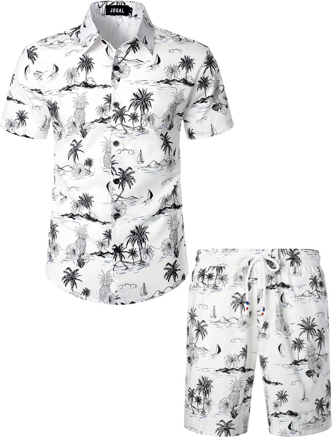 JOGAL Men's Casual Cotton Short Sleeve Button Down Hawaiian Shirt Suits ...