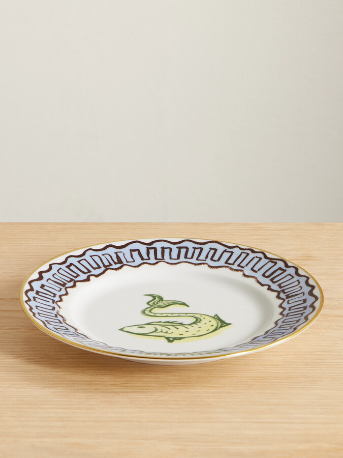 GINORI 1735 + Luke Edward Hall Il Viaggio Di Nettuno Gold-plated Porcelain Dessert Plate - White