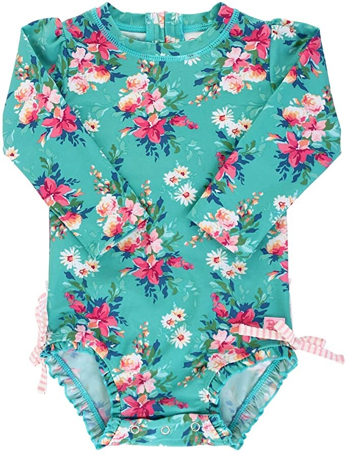 RuffleButts Baby/Toddler Girls UPF 50+ Sun Protection Long Sleeve One Piece Swimsuit with Zipper