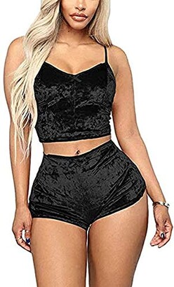 Smile Fish Women's Velvet Spaghetti Strap Cami Top And Shorts Sexy Pajama Sets Lounge Wear(Black S)