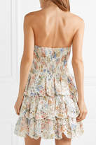 Thumbnail for your product : Zimmermann Bowie Ruffle Strapless Floral-print Broderie Anglaise Linen Mini Dress - Cream