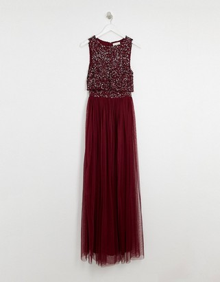 Maya Tall Bridesmaid delicate sequin 2 in 1 maxi dress in wine