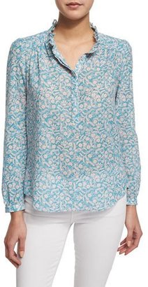 Rebecca Taylor Button-Front Floral-Print Semisheer Blouse, Turquoise/Combo
